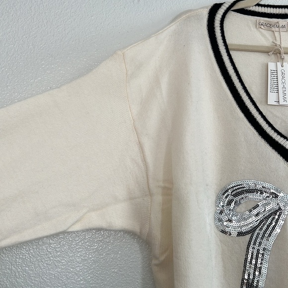 Silver sequin bow varsity style sweater, size 3X - Picture 3 of 6